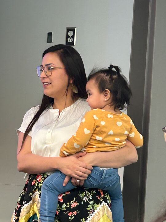 Center for Native American Youth Associate Director of Youth Programs Cheyenne Brady with her daughter at the Stone Child College site visit
