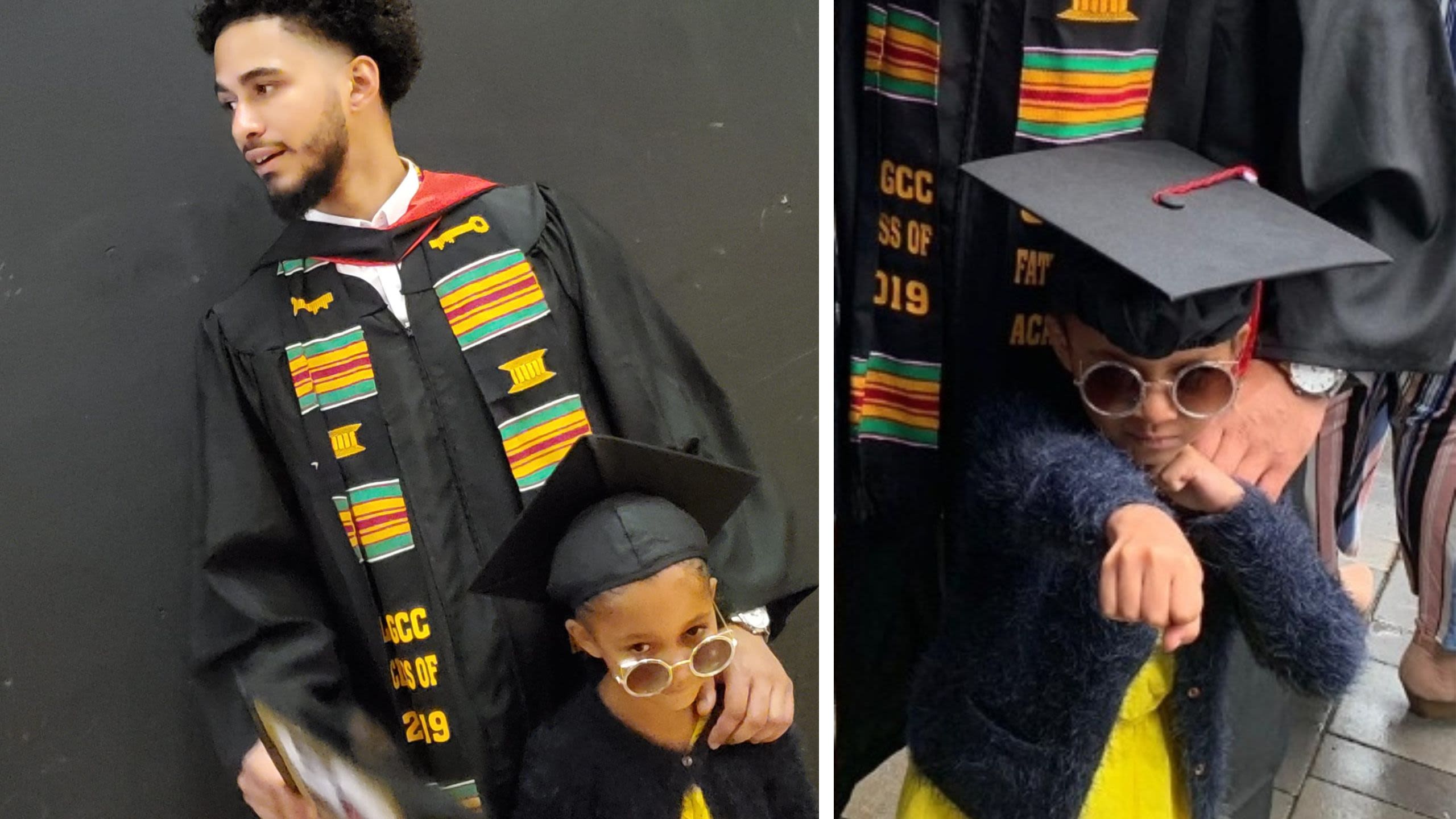 Photo of Christian Ortiz with his daughter in graduation gowns and caps